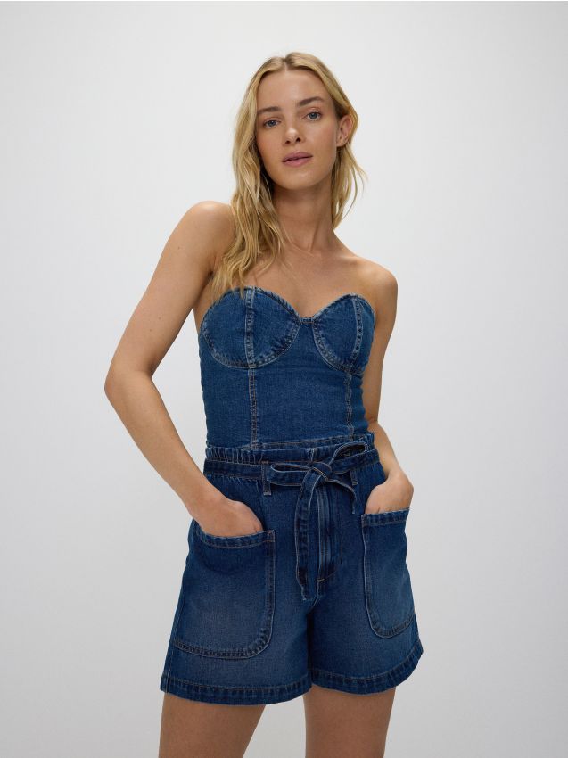 Reserved - pantaloni scurți mom fit, din denim, cu curea - bleumarin