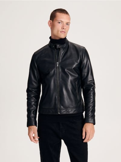 Leather jacket with stand up collar