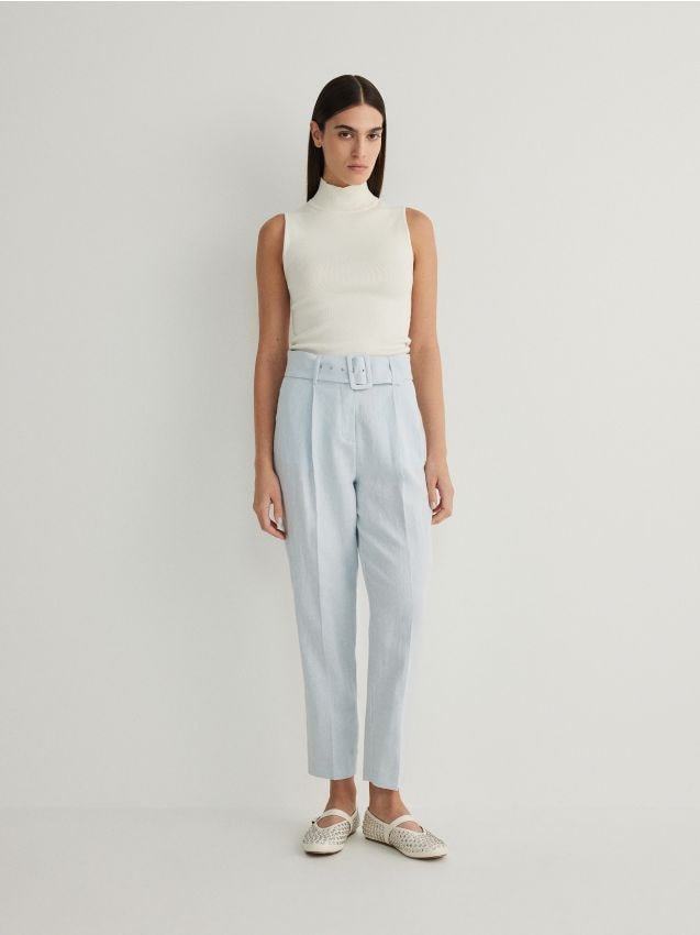 Reserved - pantaloni eleganți cu dungă presată, din amestec de in - albastru-deschis
