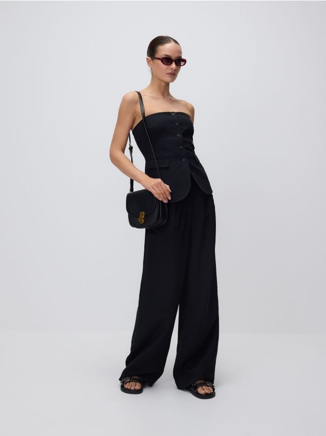 Reserved - Pantaloni cu crac larg din in - negru