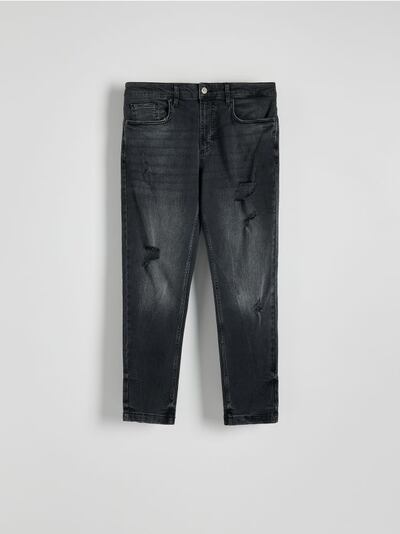 Jeans carrot slim com efeito desgastado