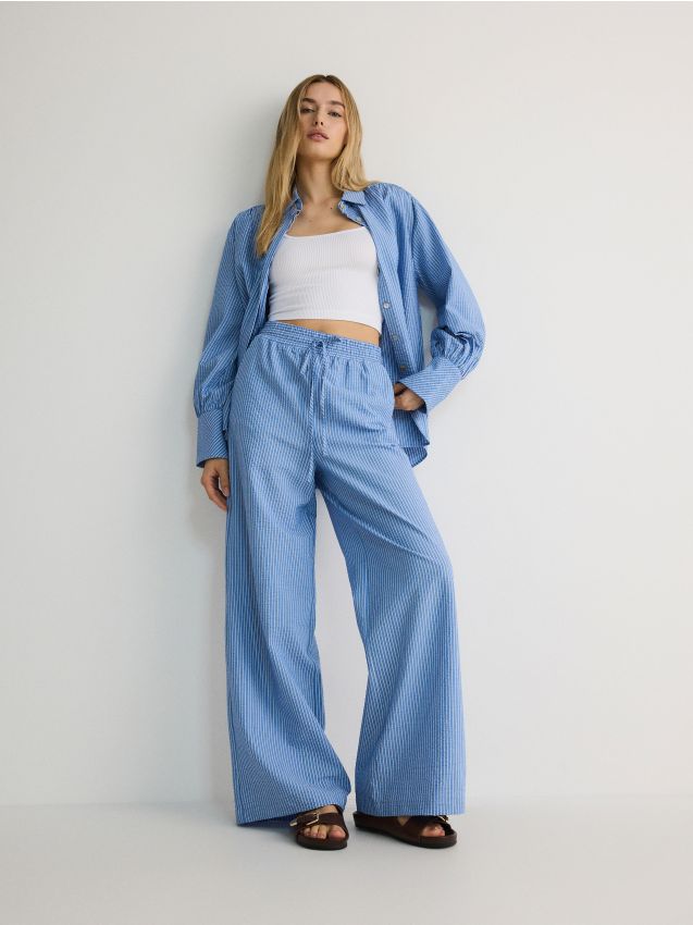 Reserved - Pantaloni wide leg tip pijama - albastru