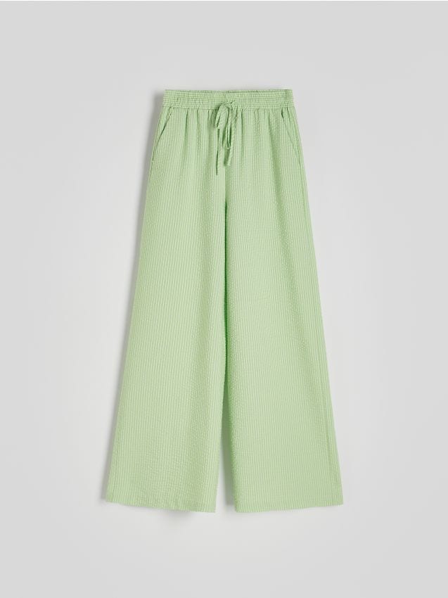 Reserved - Pantaloni wide leg tip pijama - verde-gălbui