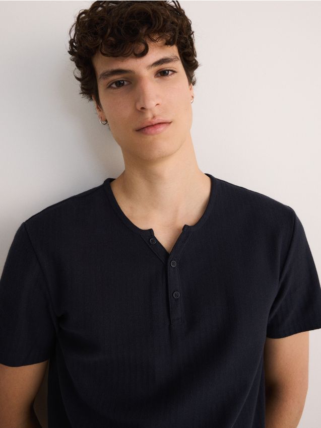 Reserved - tricou henley din bumbac - bleumarin