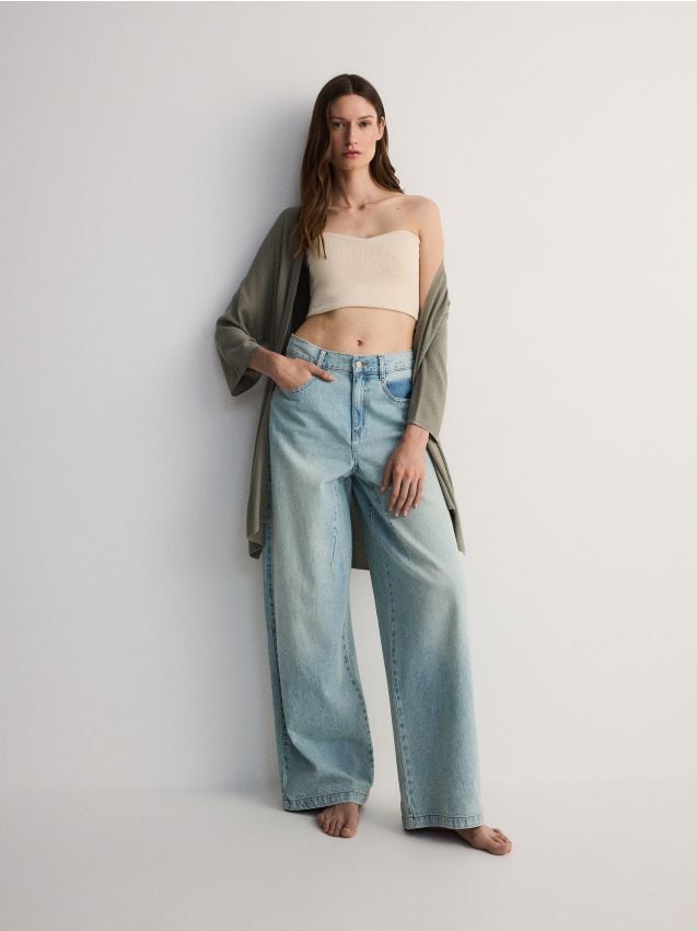 Reserved - cardigan lung, cu adaos de viscoză - verde-maroniu