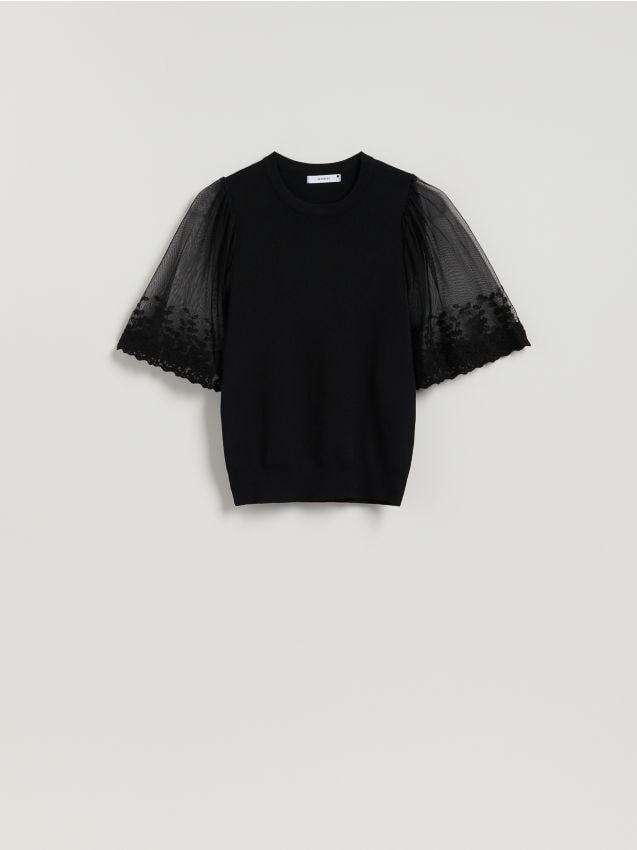 Reserved - Bluză cu mâneci ornamentale - negru