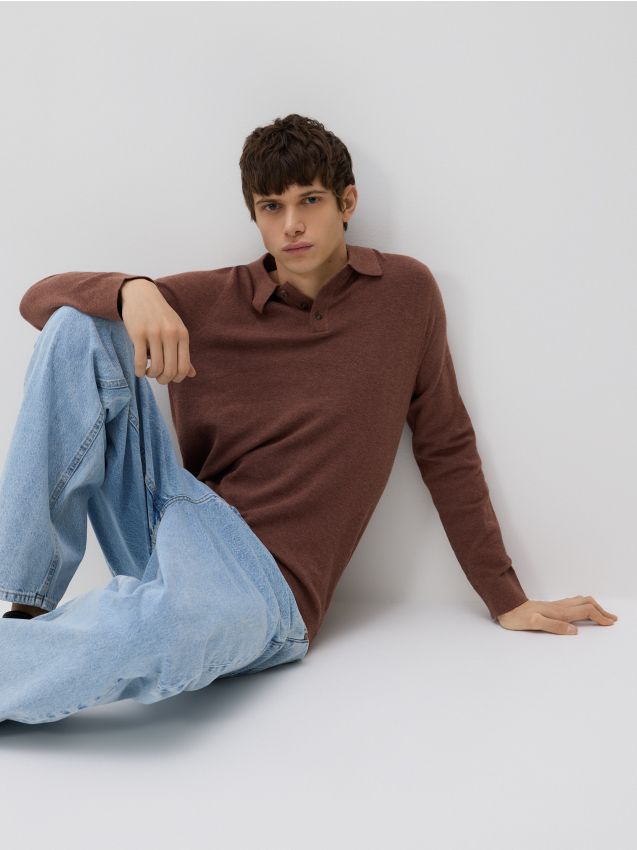 Reserved - Pulover cu guler polo cu adaos de bumbac - mov