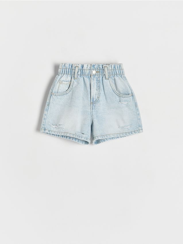 Reserved - Pantaloni scurți paperbag, din denim - albastru