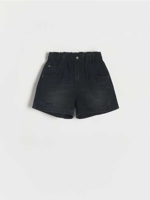 Reserved - Pantaloni scurți paperbag, din denim - negru