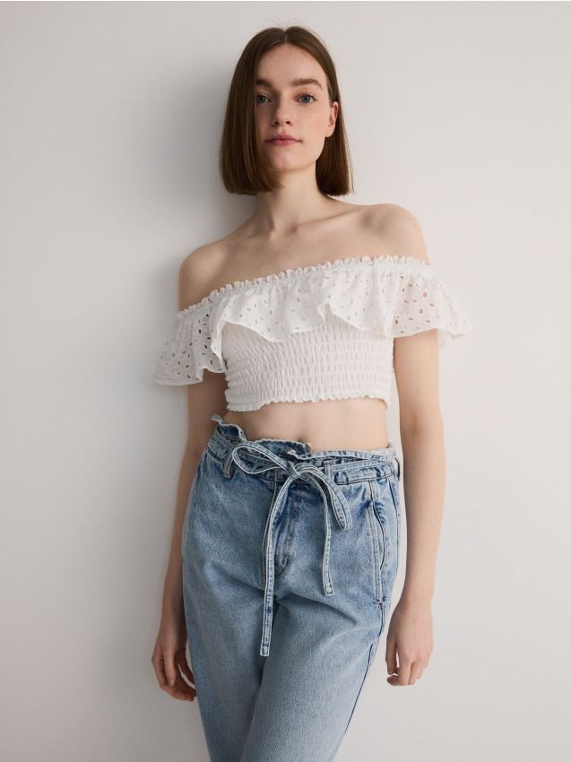 Reserved - top din broderie englezească cu volane - alb