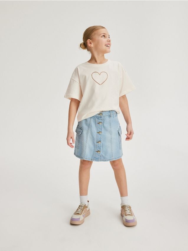 Reserved - tricou din bumbac, cu detalii brodate - crem