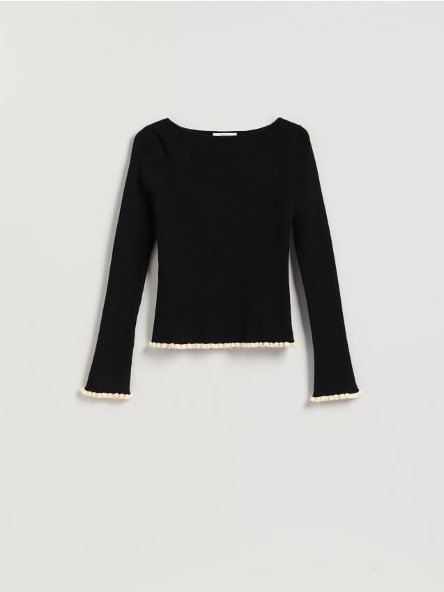 Reserved - Pulover cu volănașe la mâneci - negru