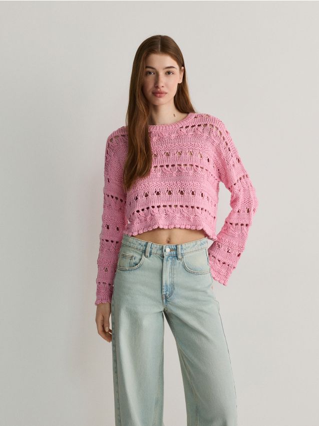 Reserved - pulover din tricot ajurat - roz