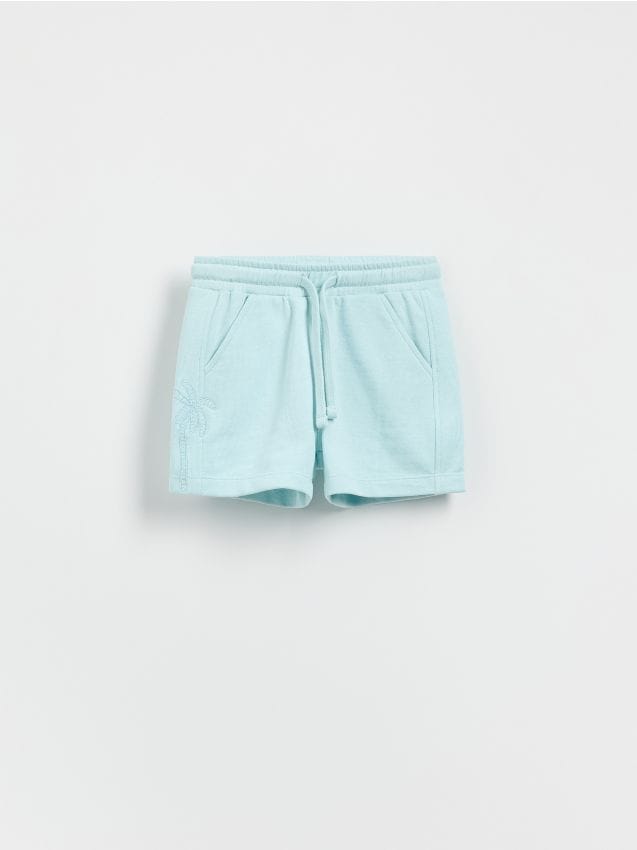 Reserved - Pantaloni scurți din bumbac, cu broderie - albastru-pal