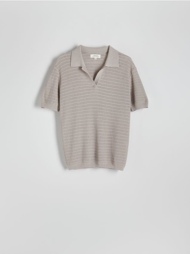 Reserved - tricou polo ajurat, cu conținut ridicat de in - gri deschis