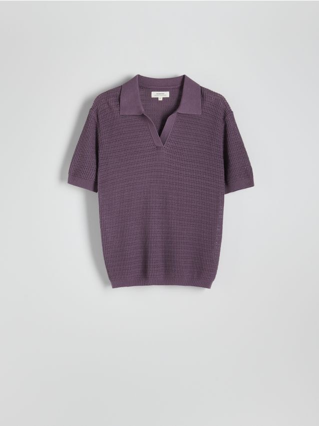 Reserved - tricou polo ajurat, cu conținut ridicat de in - violet-închis