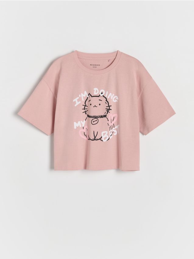 Reserved - tricou din bumbac cu imprimeu - roz-pudră