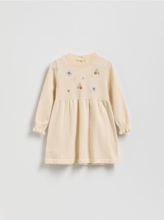 Reserved - Rochie tricotată cu broderie - crem