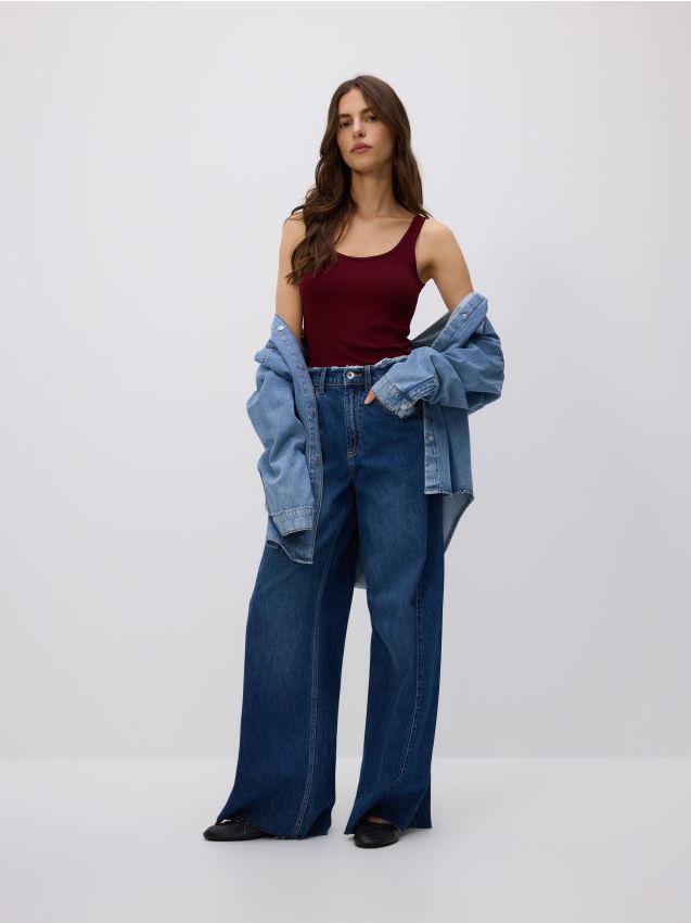 Reserved - Blugi wide leg cu efect deteriorat - albastru