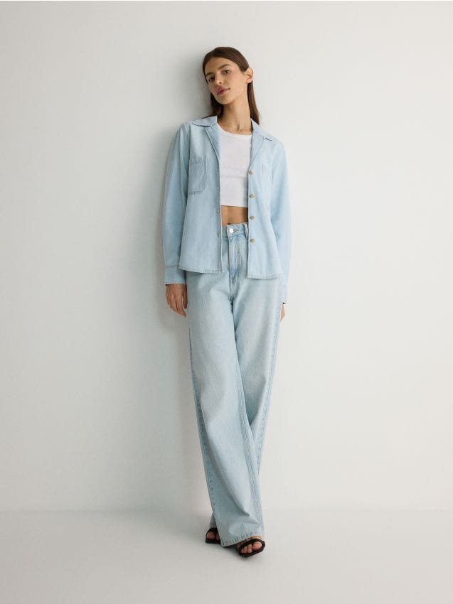 Reserved - cămașă din denim, cu nasturi decorativi - albastru