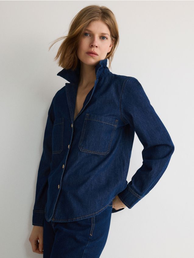 Reserved - cămașă din denim, cu nasturi decorativi - bleumarin