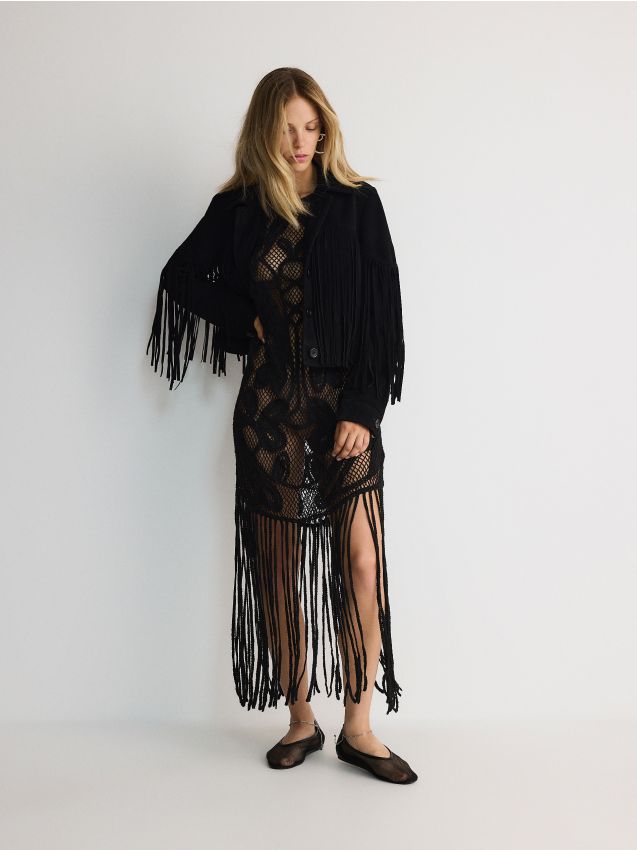 Reserved - rochie cu franjuri la tiv - negru