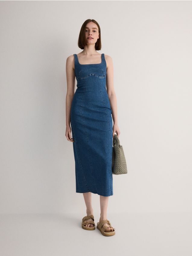 Reserved - rochie midi din denim cu bretele - albastru
