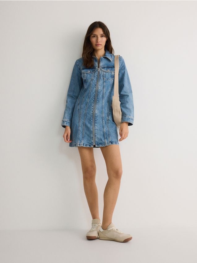 Reserved - rochie din denim, cu fermoar - albastru