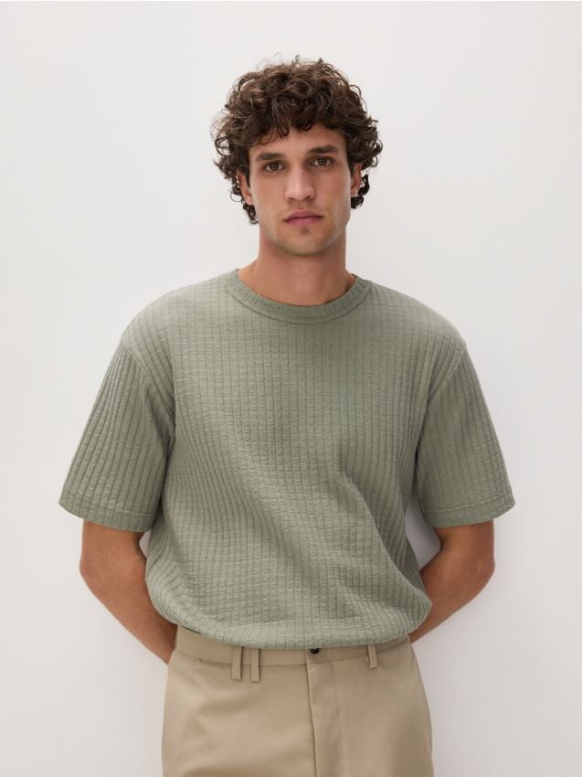 Reserved - tricou comfort fit din tricot striat - verde-prăfuit