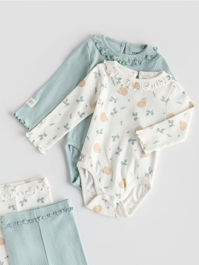 Reserved - Set de 2 body-uri din material structurat - verde-deschis