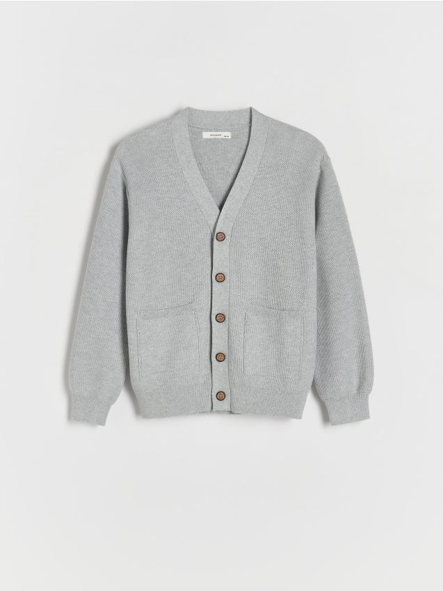 Reserved - cardigan din material structurat, cu buzunare - gri deschis