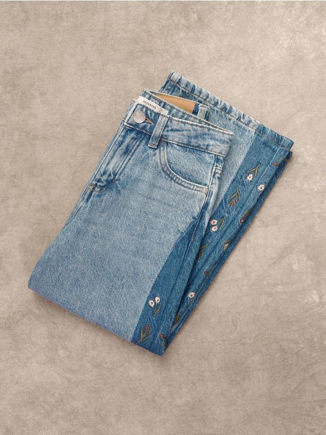 Reserved - Blugi wide leg, cu broderie - albastru