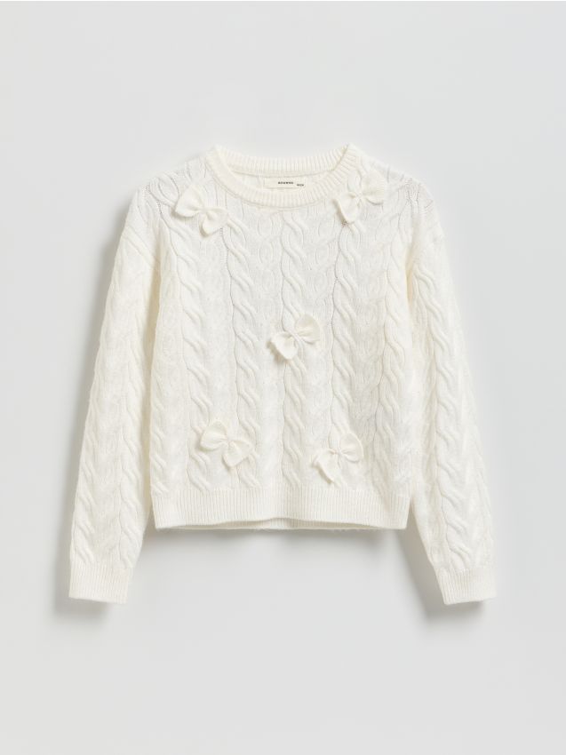 Reserved - Pulover din tricot cu fundițe - crem