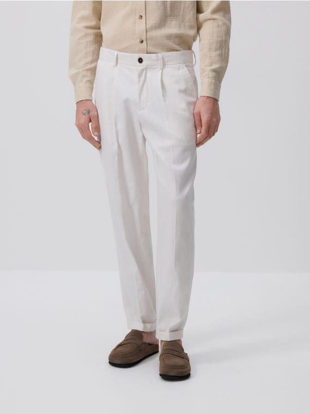 Reserved - Pantaloni chino slim cu adaos de in - alb Reserved - Pantaloni chino slim cu adaos de in - alb