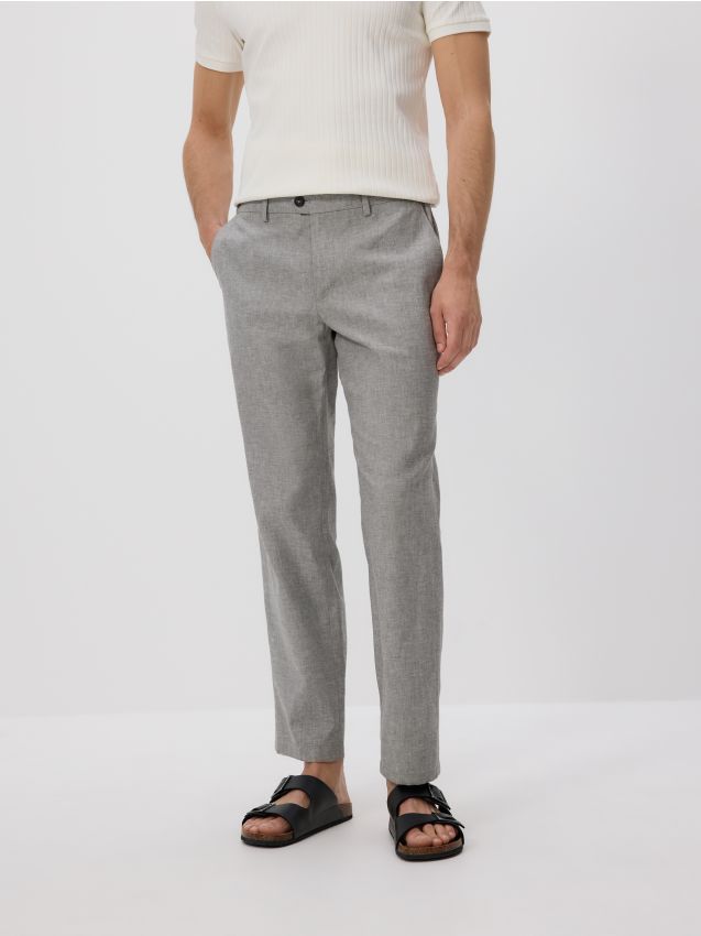 Reserved - Pantaloni chino regular cu adaos de in - verde-oliv Reserved - Pantaloni chino regular cu adaos de in - verde-oliv