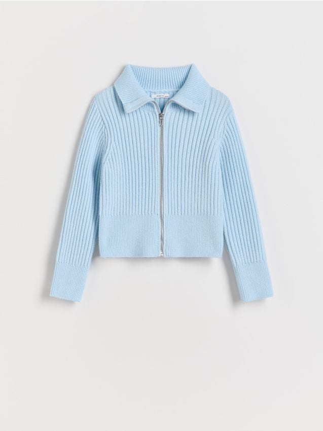 Reserved - Pulover din tricot striat, cu închidere cu capse - albastru-pal