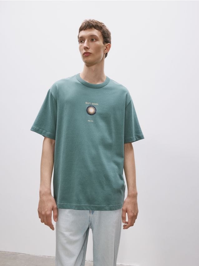 Reserved - tricou oversized cu broderie - albastru-verzui