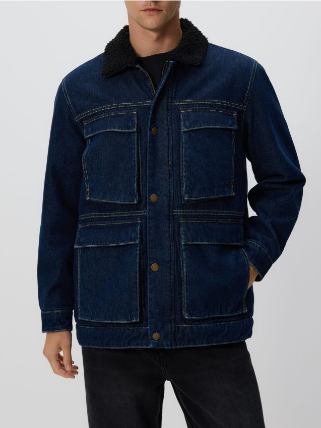 Reserved - Geacă sherpa cu guler - bleumarin