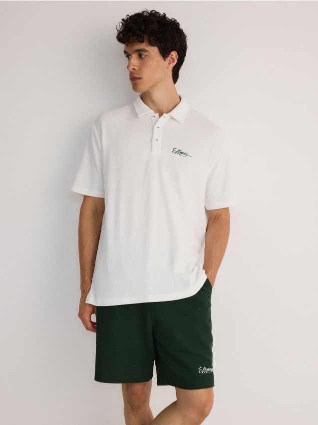 Reserved - Tricou polo comfort fit cu inscripție - crem