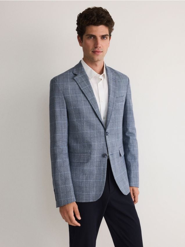 Reserved - sacou slim fit cu adaos de in - albastru metalizat