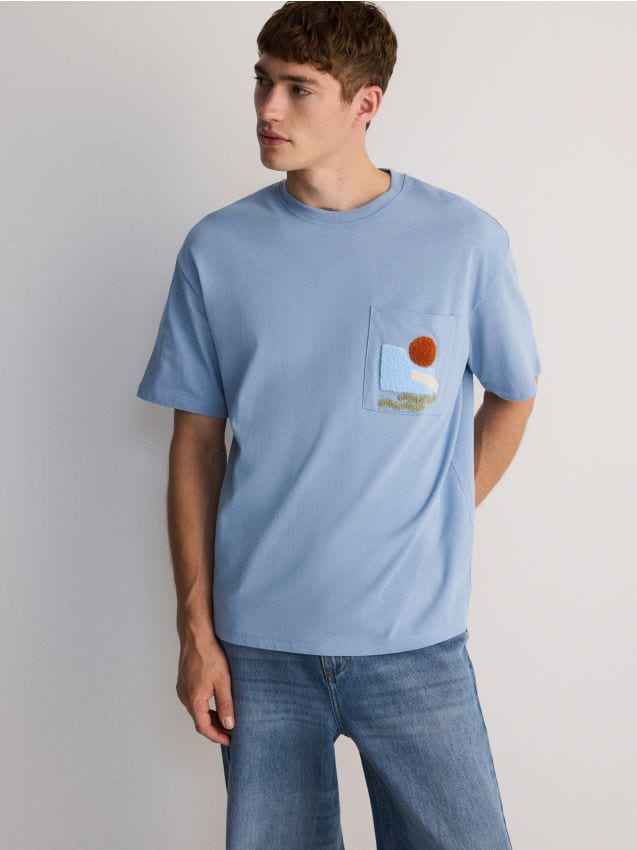 Reserved - tricou boxy cu buzunar - albastru-pal