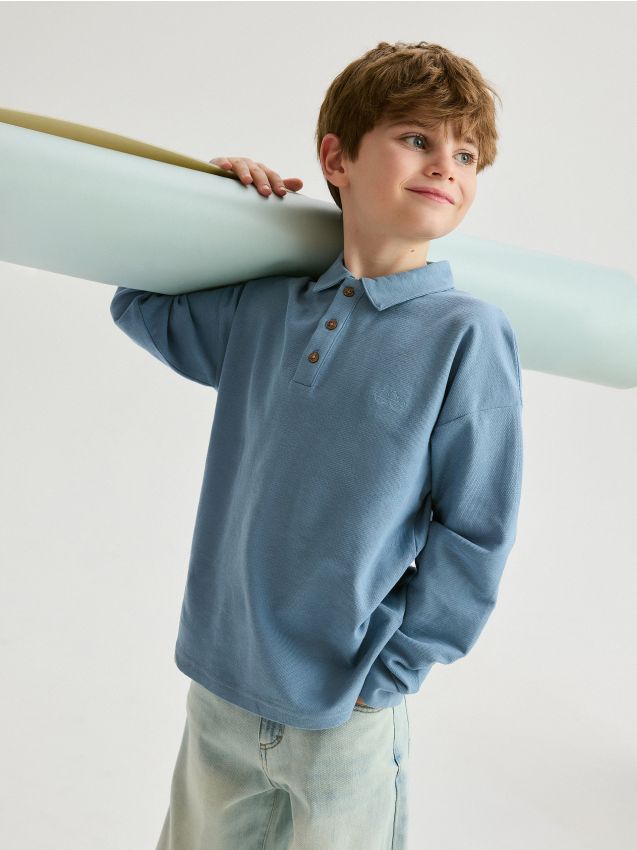 Reserved - tricou polo oversized, cu mânecă lungă - albastru