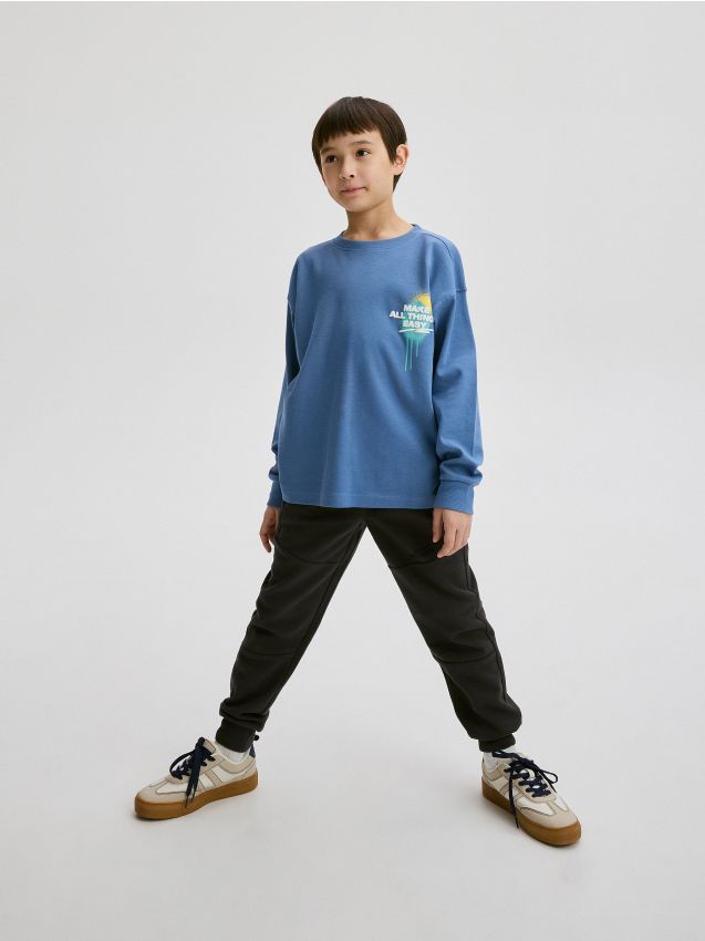 Reserved - tricou oversized cu mânecă lungă și imprimeu - albastru metalizat
