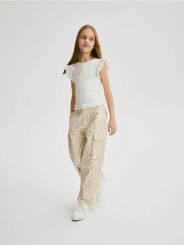 Rib knit T-shirt with ruffle sleeves - RESERVED