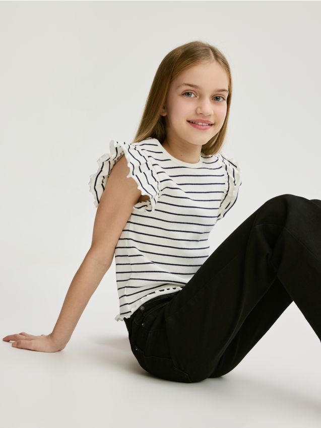 Rib knit T-shirt with ruffle sleeves - RESERVED