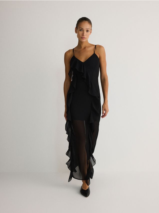 Reserved - Rochie maxi cu volane - negru