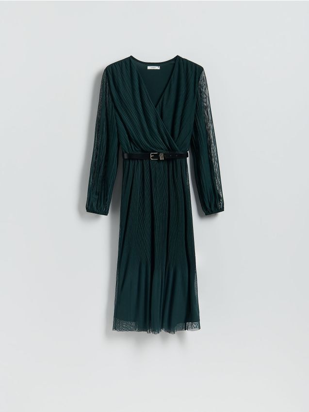 Reserved - Rochie plisată, cu centură - albastru-verzui