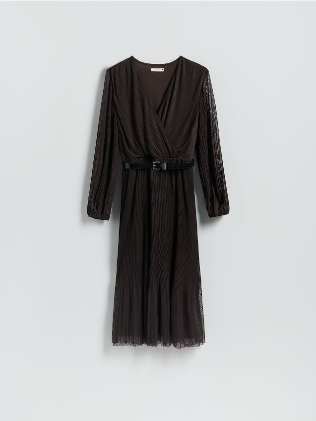 Reserved - Rochie plisată, cu centură - maro-închis