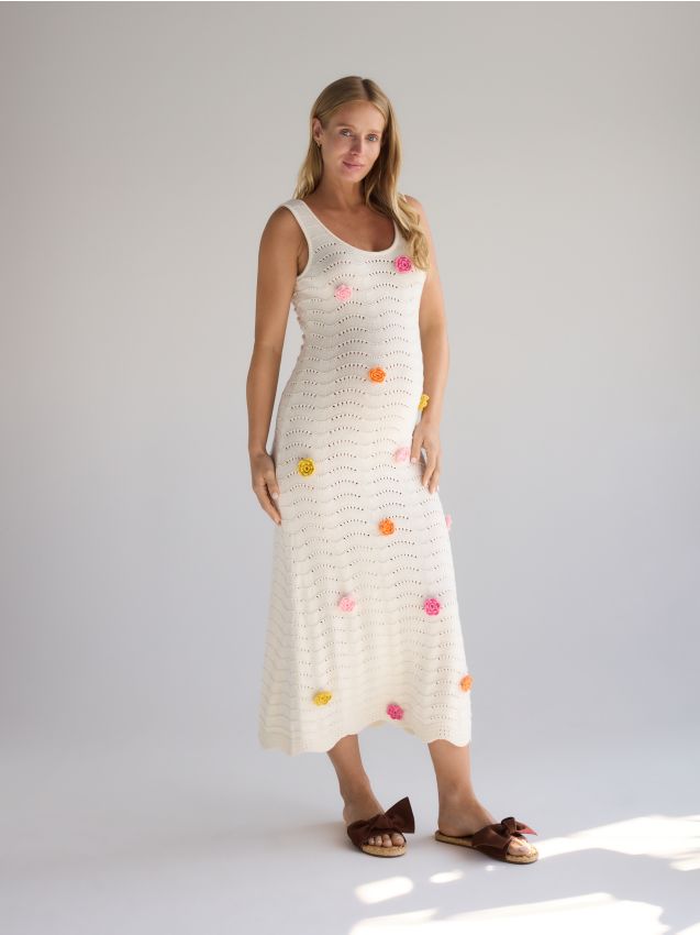 Reserved - Rochie cu aplicație florală - alb