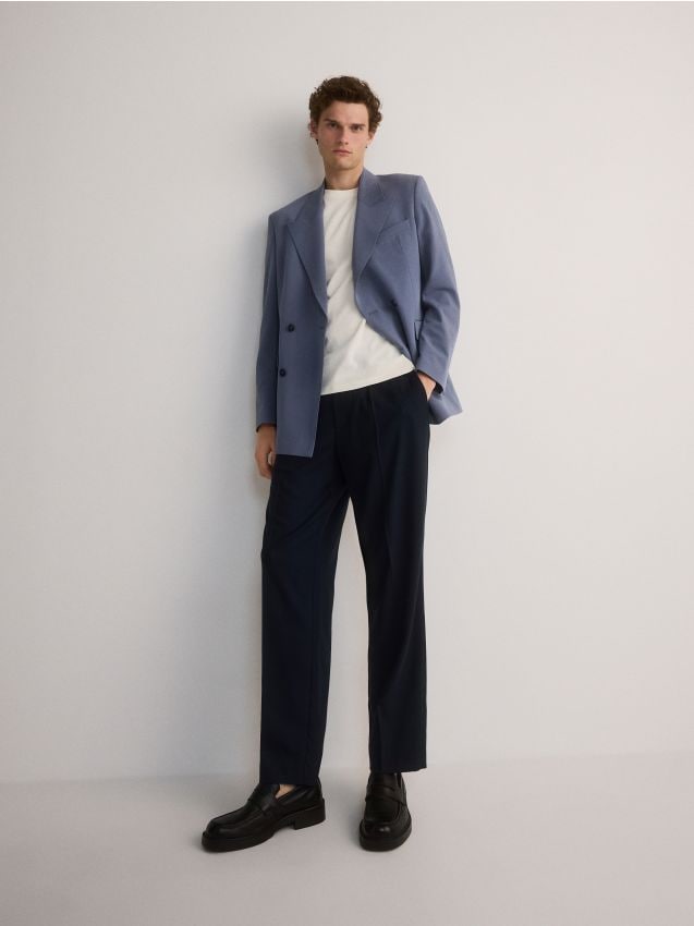 Reserved - pantaloni wide leg cu pliuri presate - bleumarin